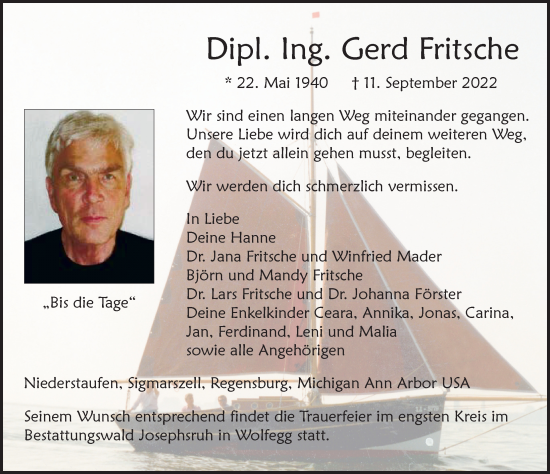 Traueranzeige von Gerd Fritsche von Der Westallgäuer