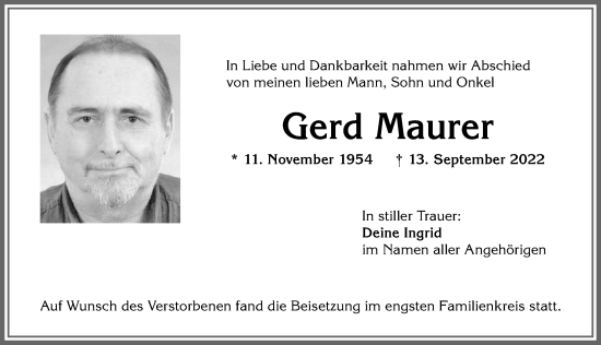Traueranzeige von Gerd Maurer von Allgäuer Anzeigeblatt