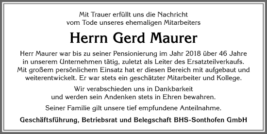 Traueranzeige von Gerd Maurer von Allgäuer Anzeigeblatt