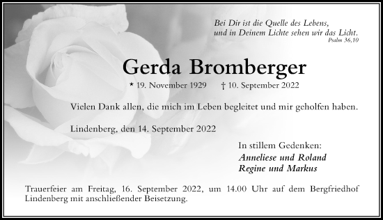 Traueranzeige von Gerda Bromberger von Der Westallgäuer