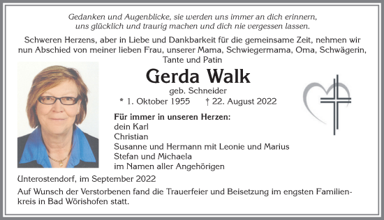 Traueranzeige von Gerda Walk von Allgäuer Zeitung, Kaufbeuren/Buchloe