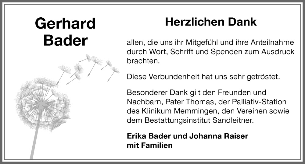  Traueranzeige für Gerhard Bader vom 23.09.2022 aus Memminger Zeitung