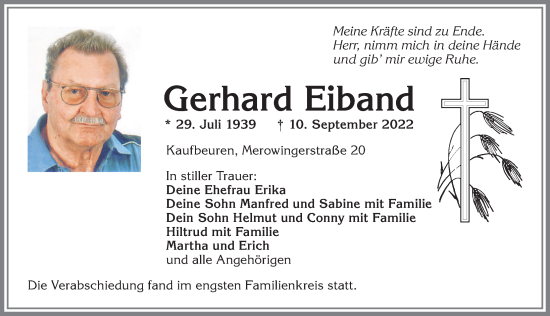 Traueranzeige von Gerhard Eiband von Allgäuer Zeitung, Kaufbeuren/Buchloe