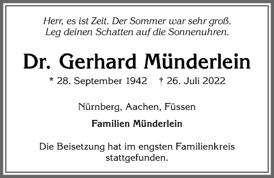Traueranzeige von Gerhard Münderlein von Allgäuer Zeitung, Füssen