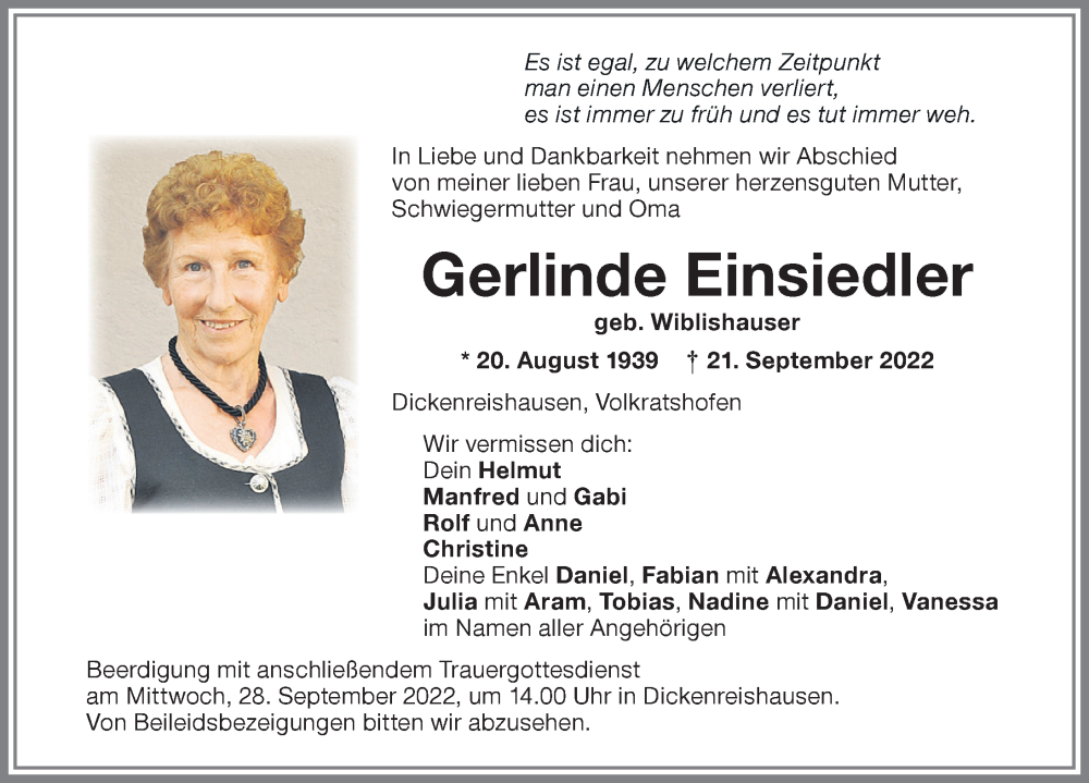  Traueranzeige für Gerlinde Einsiedler vom 26.09.2022 aus Memminger Zeitung