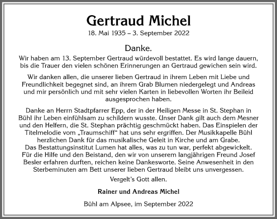 Traueranzeige von Gertraud Michel von Allgäuer Anzeigeblatt