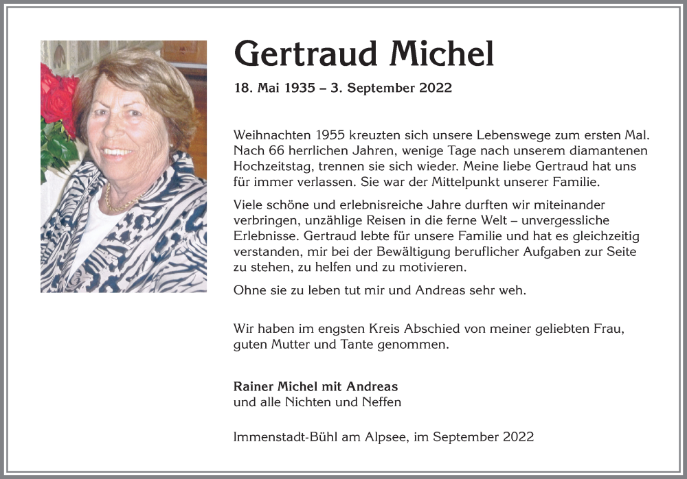  Traueranzeige für Gertraud Michel vom 14.09.2022 aus Allgäuer Anzeigeblatt