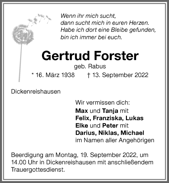 Traueranzeige von Gertrud Forster von Memminger Zeitung