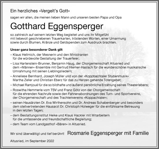 Traueranzeige von Gotthard Eggensperger von Allgäuer Zeitung,Kempten
