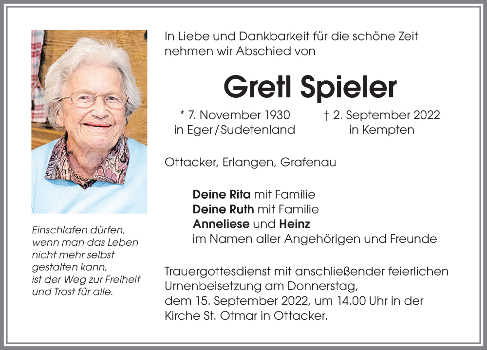  Traueranzeige für Gretl Spieler vom 10.09.2022 aus Allgäuer Zeitung,Kempten