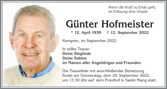 Traueranzeige von Günter Hofmeister von Allgäuer Zeitung,Kempten