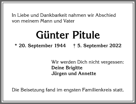Traueranzeige von Günter Pitule von Allgäuer Anzeigeblatt