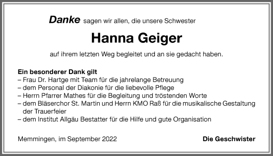 Traueranzeige von Hanna Geiger von Memminger Zeitung