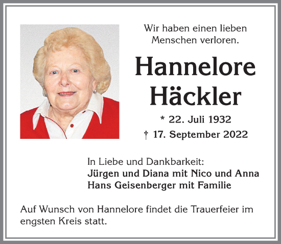 Traueranzeige von Hannelore Häckler von Allgäuer Zeitung,Kempten