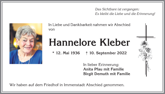 Traueranzeige von Hannelore Kleber von Allgäuer Anzeigeblatt
