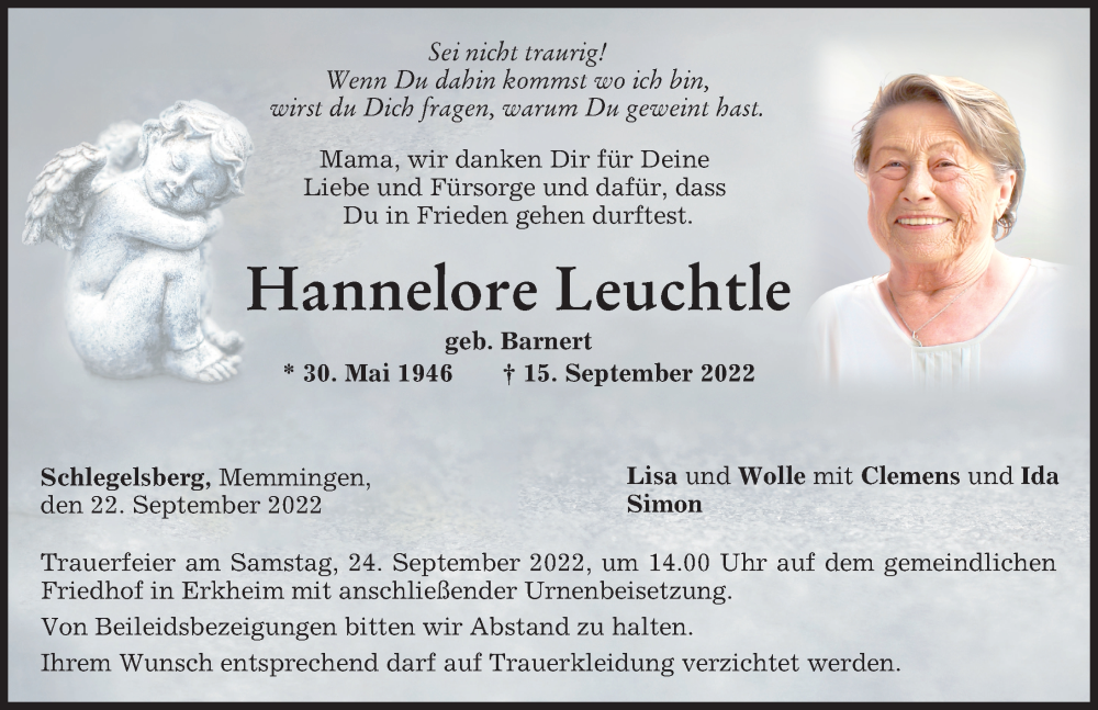  Traueranzeige für Hannelore Leuchtle vom 22.09.2022 aus Memminger Zeitung