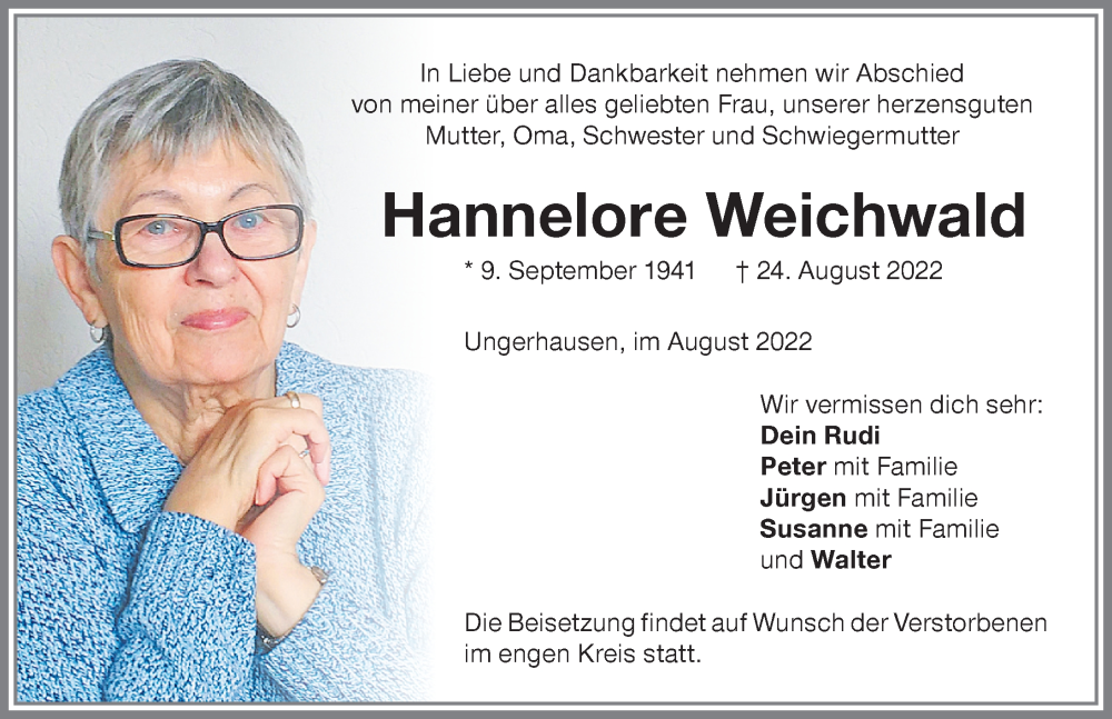 Traueranzeige für Hannelore Weichwald vom 03.09.2022 aus Memminger Zeitung