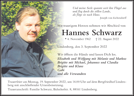 Traueranzeige von Hannes Schwarz von Der Westallgäuer