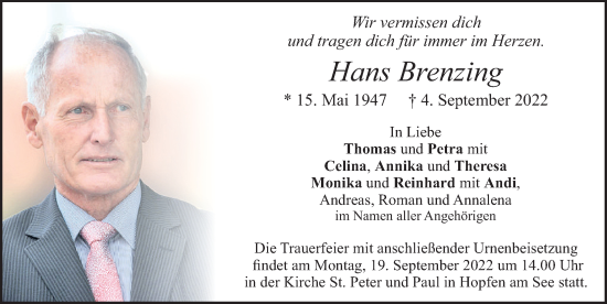 Traueranzeige von Hans Brenzing von Allgäuer Zeitung, Füssen