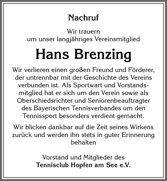 Traueranzeige von Hans Brenzing von Allgäuer Zeitung, Füssen