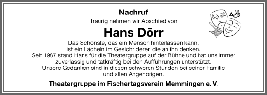 Traueranzeige von Hans Dörr von Memminger Zeitung