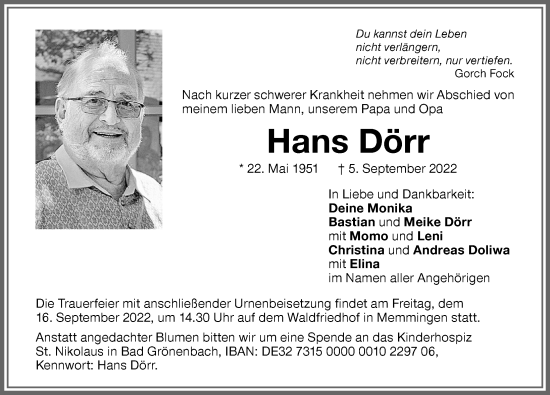 Traueranzeige von Hans Dörr von Memminger Zeitung