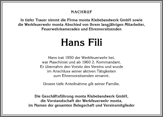 Traueranzeige von Hans Fili von Allgäuer Anzeigeblatt