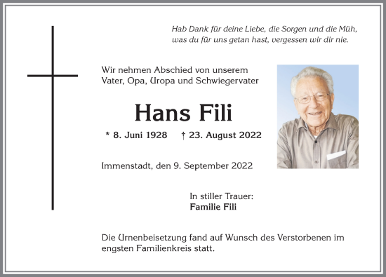 Traueranzeige von Hans Fili von Allgäuer Anzeigeblatt