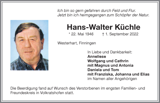 Traueranzeige von Hans-Walter Küchle von Memminger Zeitung