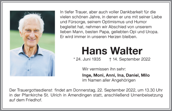 Traueranzeige von Hans Walter von Memminger Zeitung