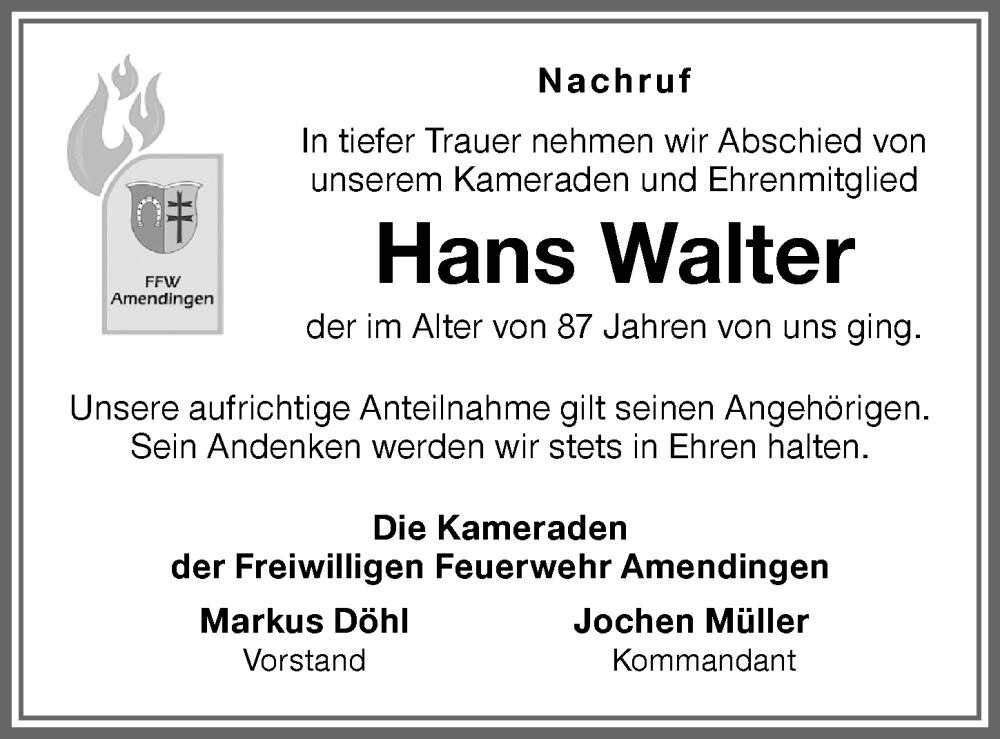  Traueranzeige für Hans Walter vom 21.09.2022 aus Memminger Zeitung