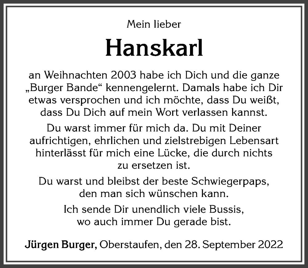  Traueranzeige für Hanskarl Burger vom 29.09.2022 aus Allgäuer Anzeigeblatt