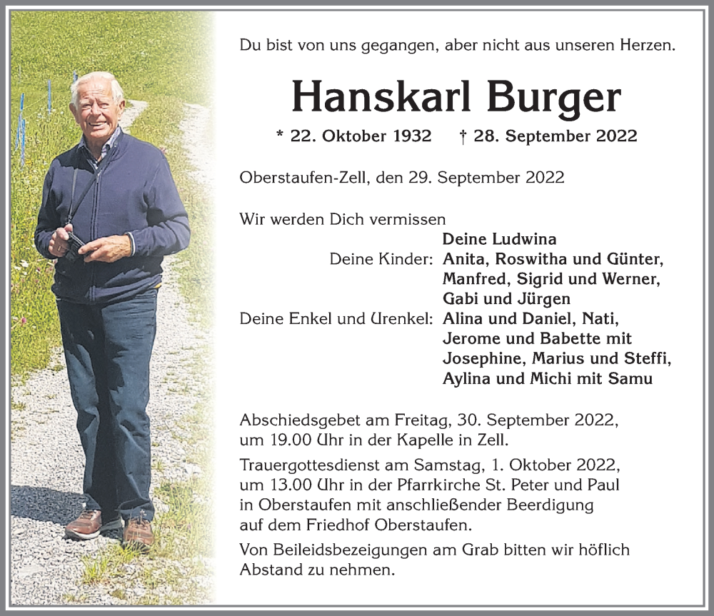  Traueranzeige für Hanskarl Burger vom 29.09.2022 aus Allgäuer Anzeigeblatt