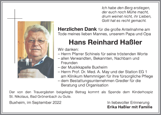 Traueranzeige von Hans Reinhard Haßler von Memminger Zeitung