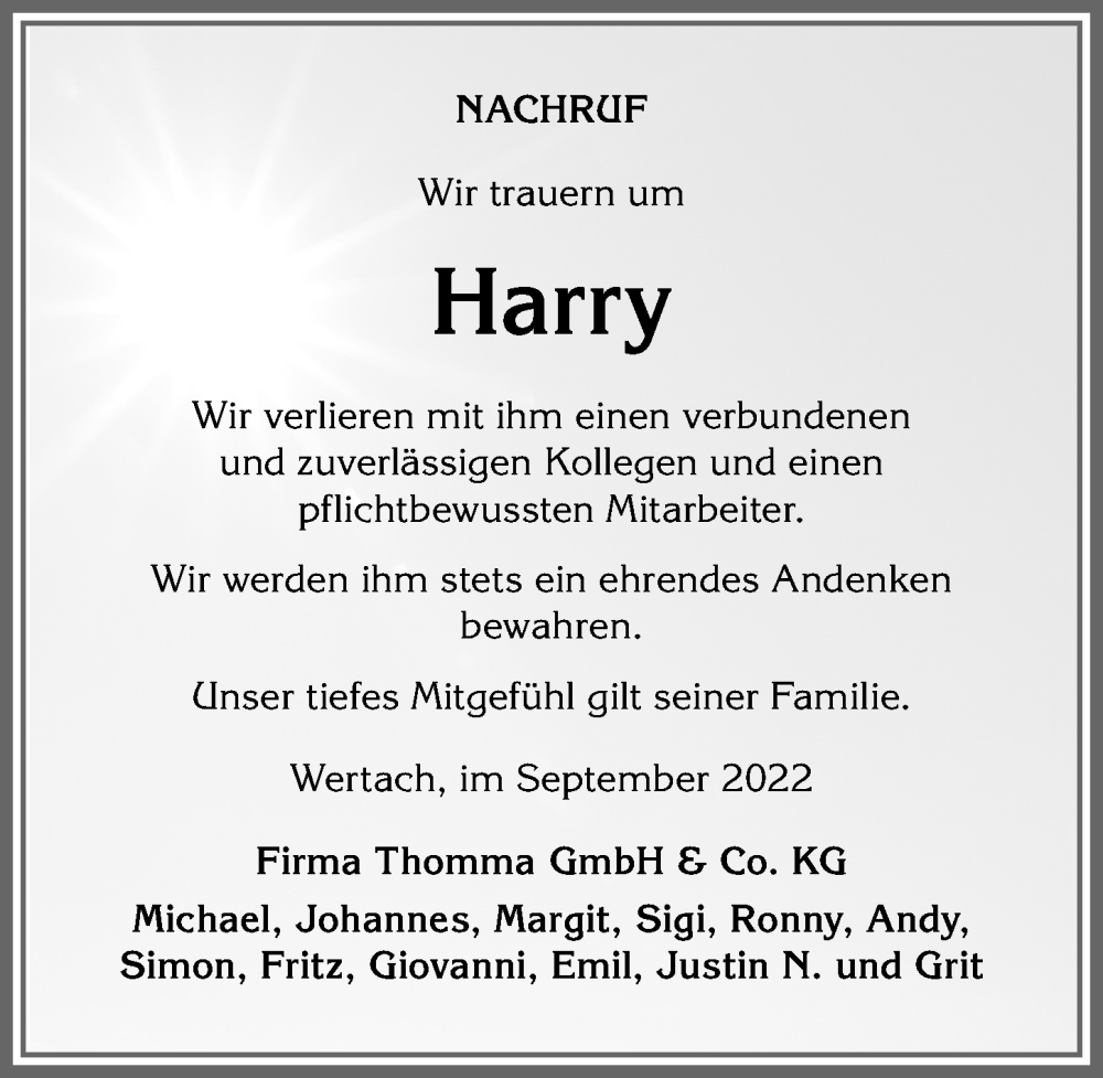  Traueranzeige für Harry  vom 26.09.2022 aus Allgäuer Anzeigeblatt