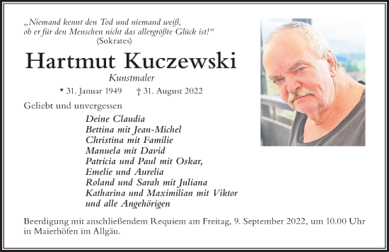 Traueranzeige von Hartmut Kuczewski von Der Westallgäuer