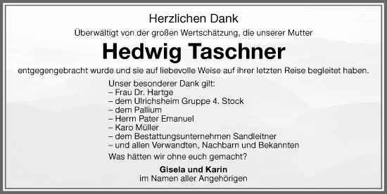 Traueranzeige von Hedwig Taschner von Memminger Zeitung