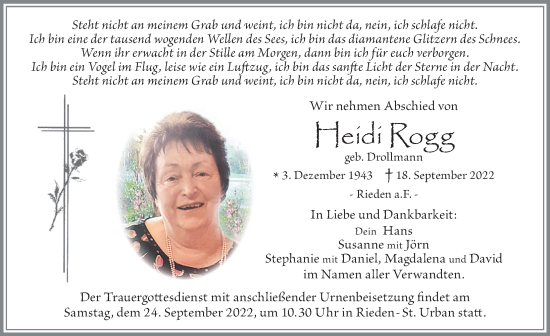 Traueranzeige von Heidi Rogg von Allgäuer Zeitung, Füssen