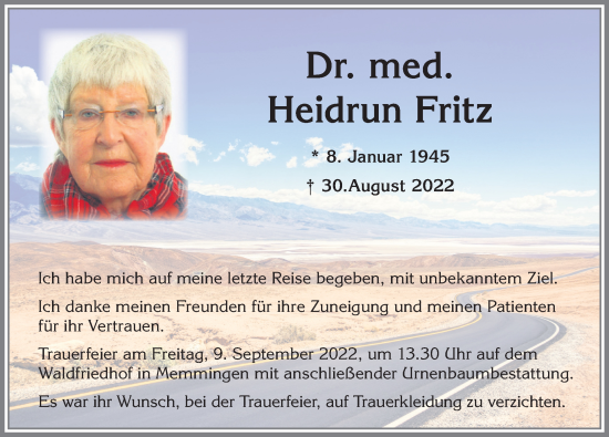 Traueranzeige von Heidrun Fritz von Memminger Zeitung