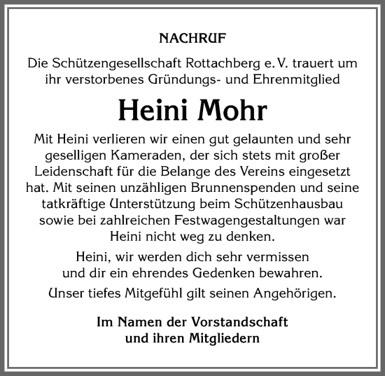 Traueranzeige von Heini Mohr von Allgäuer Anzeigeblatt