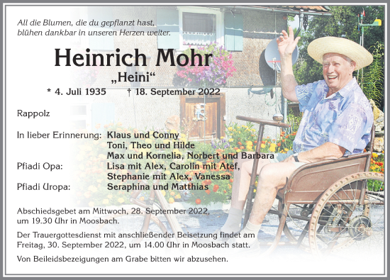 Traueranzeige von Heinrich Mohr von Allgäuer Zeitung,Kempten