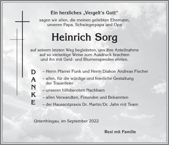 Traueranzeige von Heinrich Sorg von Allgäuer Zeitung, Marktoberdorf