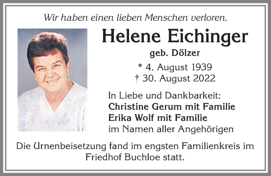 Traueranzeige von Helene Eichinger von Allgäuer Zeitung, Kaufbeuren/Buchloe