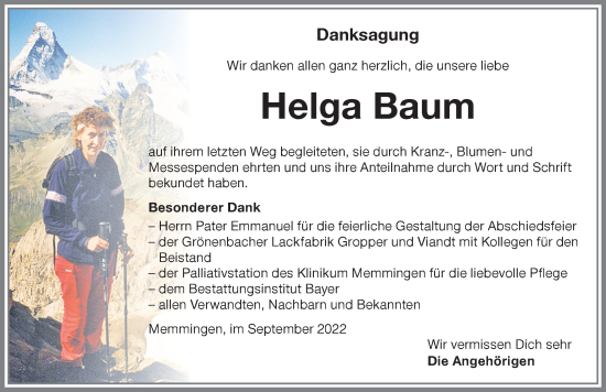 Traueranzeige von Helga Baum von Memminger Zeitung