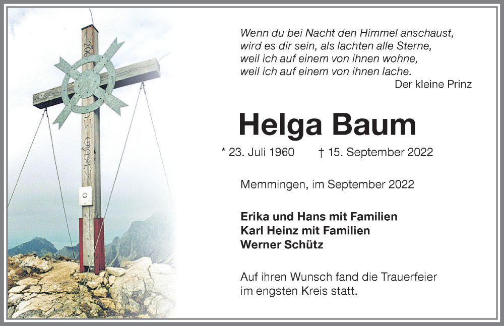  Traueranzeige für Helga Baum vom 26.09.2022 aus Memminger Zeitung