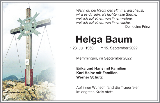 Traueranzeige von Helga Baum von Memminger Zeitung