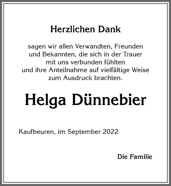 Traueranzeige von Helga Dünnebier von Allgäuer Zeitung, Kaufbeuren/Buchloe