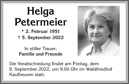 Traueranzeige von Helga Petermeier von Allgäuer Zeitung, Kaufbeuren/Buchloe