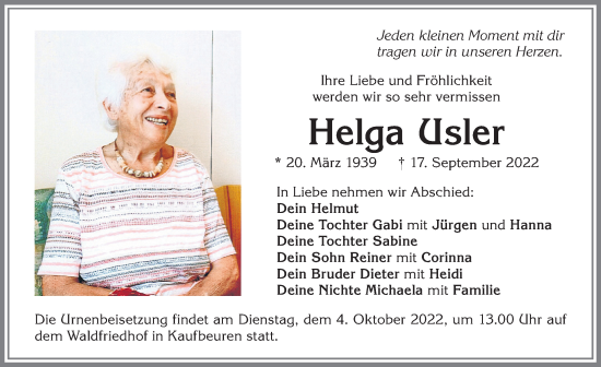 Traueranzeige von Helga Usler von Allgäuer Zeitung, Kaufbeuren/Buchloe