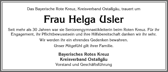 Traueranzeige von Helga Usler von Allgäuer Zeitung, Kaufbeuren/Buchloe